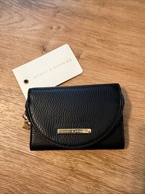 Poppy & Peonies Black Pebbled Leather Mini Wallet with Gold Hardware